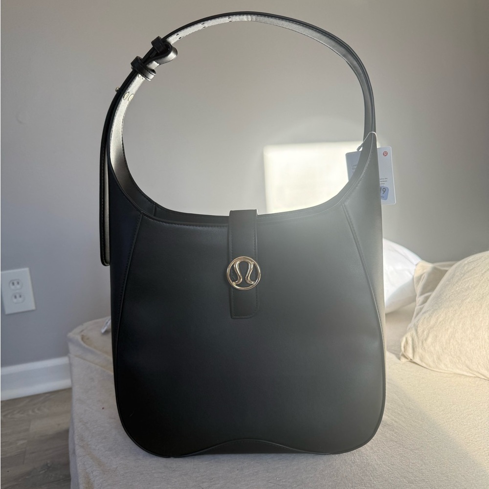 NWT Lululemon Black Leather Altnerative Shoulder Bag with Gold Emblem